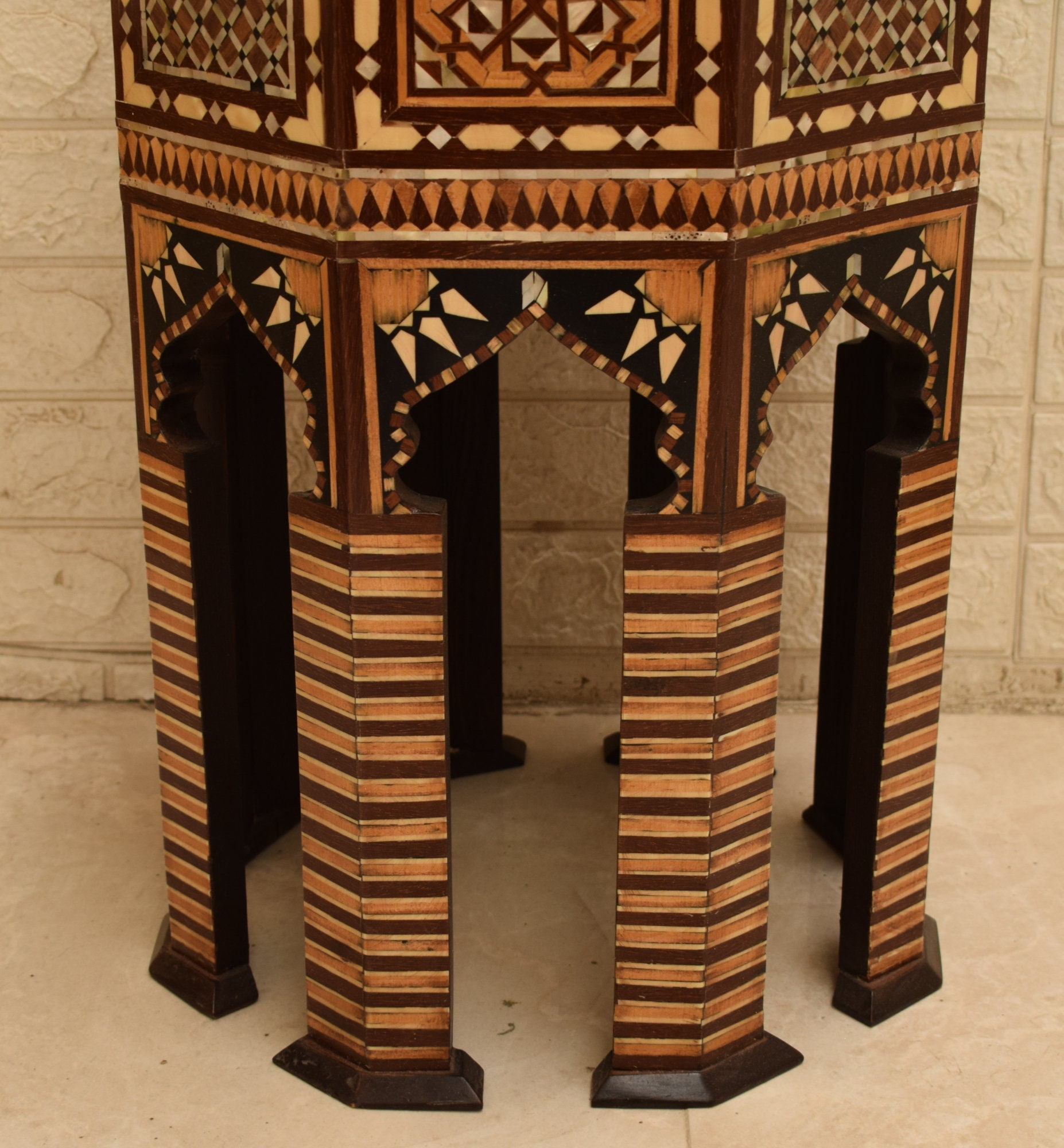 Moroccan Wood Side Table: Mother of Pearl & Bone Inlay, 24
