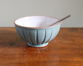 Ramen Bowl, Jade & White Glazed, Fluted Design