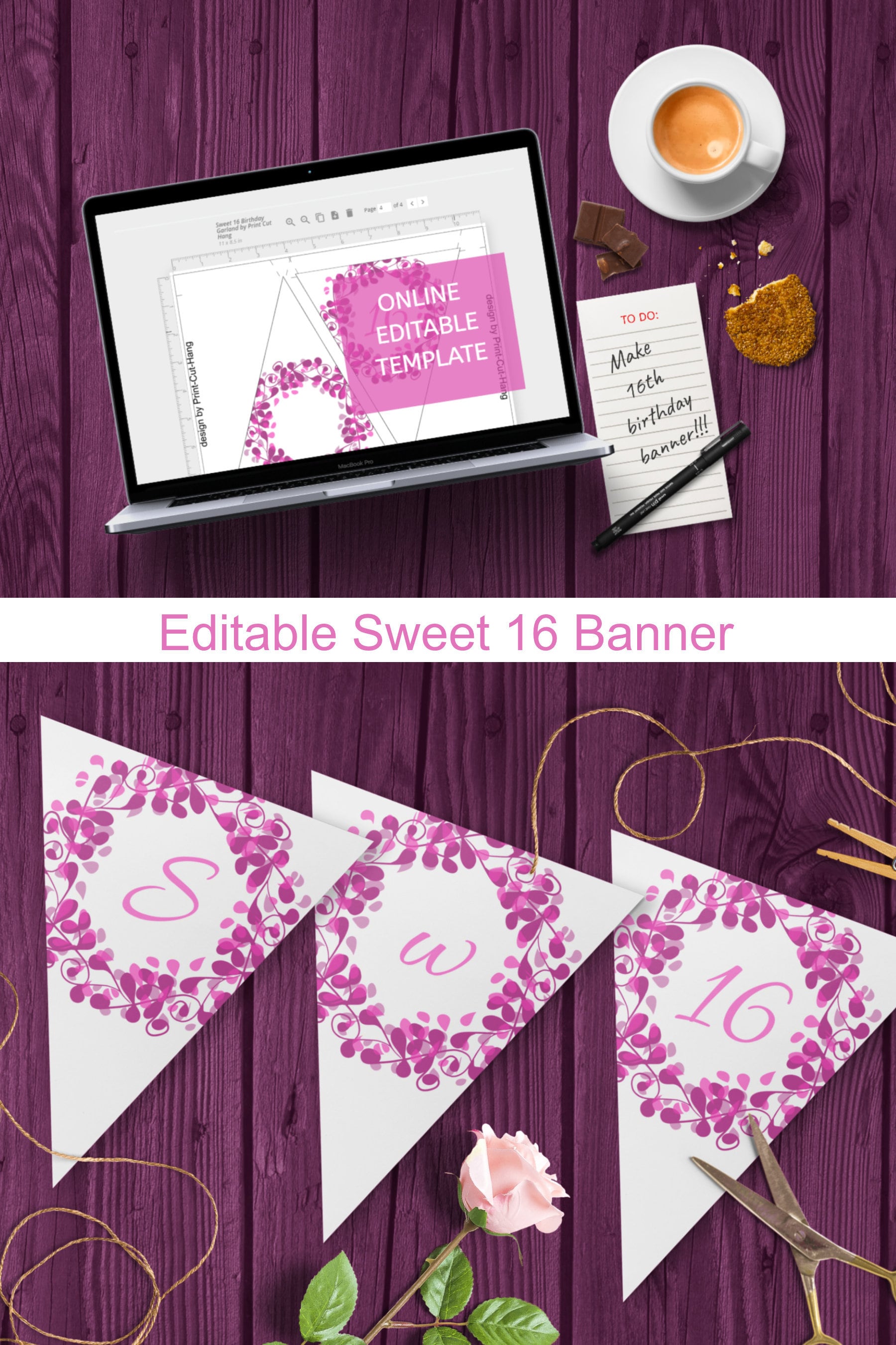 Diy Sweet 16 Garland With Editabletemplate For Pink Purple 16th