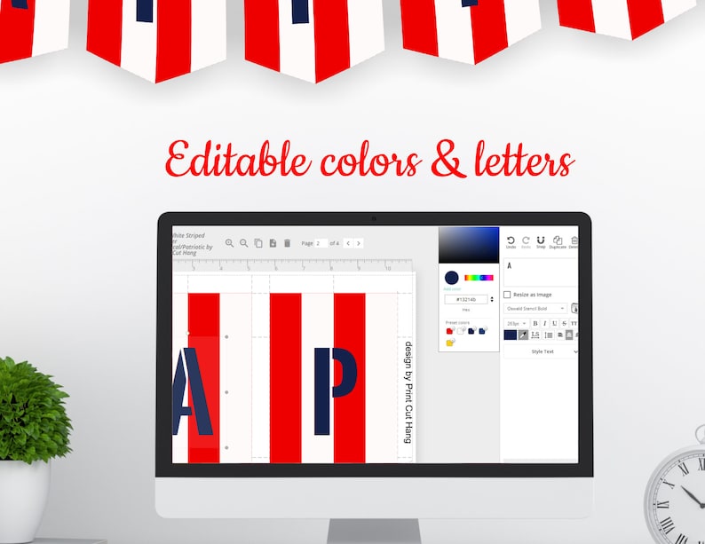 DIY Party Garland Red White Striped Pennants Template Editable Banner Colors