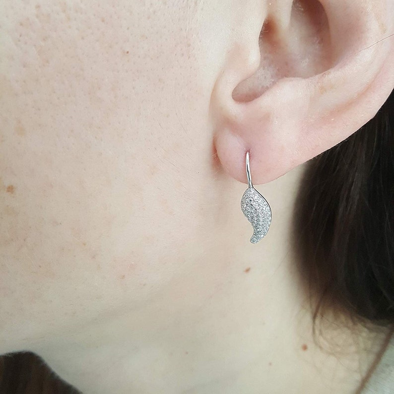 CZ Dangle Hypoallergenic Jewelry 925 Solid Sterling Silver Dangling Cubic Zirconia Feather Earrings