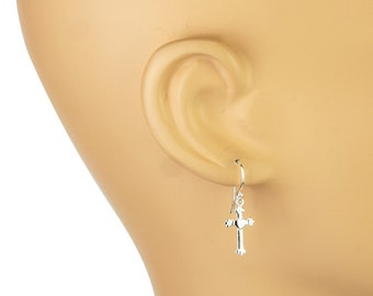 925 Solid Sterling Silver Dangling Heart and Cross Earrings – Dangle Plain Minimalist Christian Jewelry