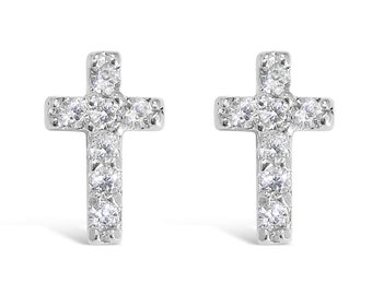 925 Solid Sterling Silver Plain or Cubic Zirconia Tiny Cross Stud Earrings – Kids, Men, Unisex Jewelry