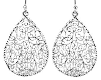 LaTisoro 925 Solid Sterling Silver Big Filigree Teardrop Earrings, Large Raindrop Allergy Free Jewelry