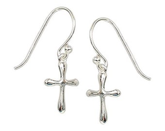 925 Solid Sterling Silver Tiny Dangling Cross – Small Dangle Bubble Cross - Minimalist Fishhook Jewelry