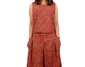 Hok Womens Maroon Cotton Palazzo with Pockets and Crop Top Set-Organic colours-Block Print