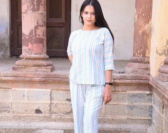 Cotton Striped Light Weighted Cord Set For Women| Sky Blue and Baby Pink Coloured| Summer Holiday Pair Plus Size| Made to Order