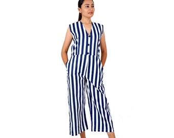 Blue And White Striped Summer Jumpsuit For Women | Pure Cotton Jumpsuit| Romper For Women | Jumpsuit With Belt | Zipper Jumpsuit |