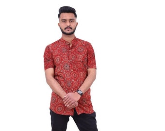 Summer Casual Ajrakh Vintage Natural Shirts for Men| Organic Colour Dyed | Ancient Craftsmanship of Heritage Kutch India | His Beach Wear