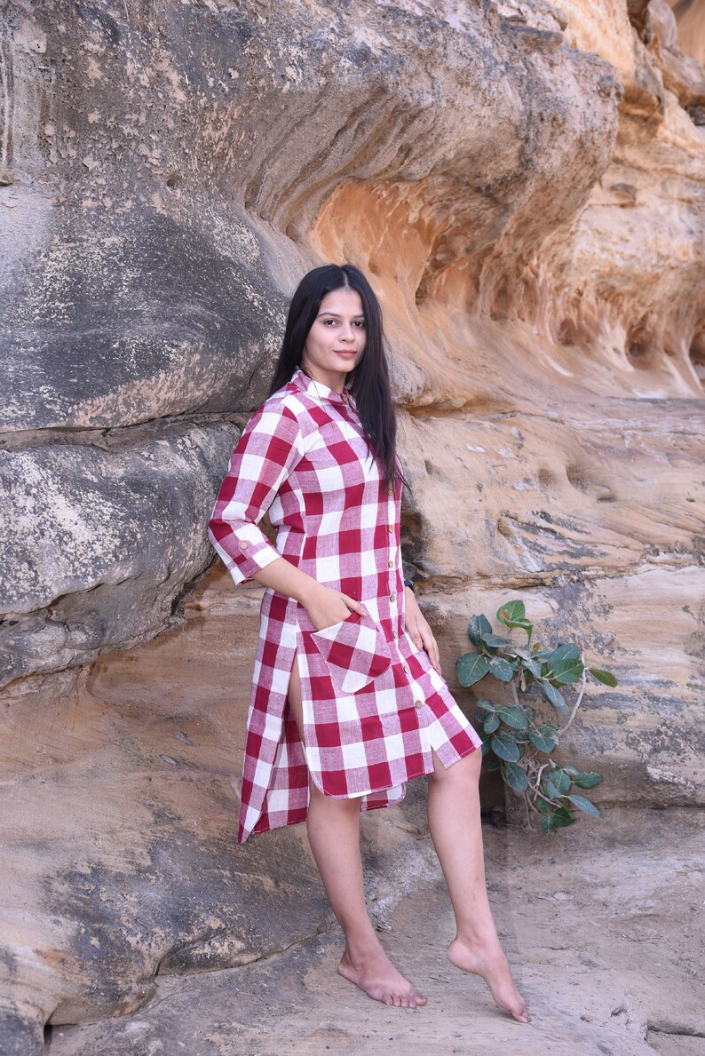 Organic Handmade and Handwoven Cotton Checked Shirt Dress with Coconut Buttons Versatile Comfort for Every Day image 7