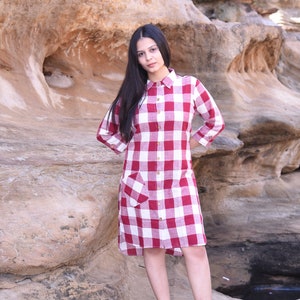 Organic Handmade and Handwoven Cotton Checked Shirt Dress with Coconut Buttons Versatile Comfort for Every Day Red