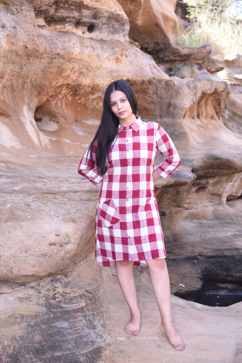 Organic Handmade and Handwoven Cotton Checked Shirt Dress with Coconut Buttons Versatile Comfort for Every Day Red