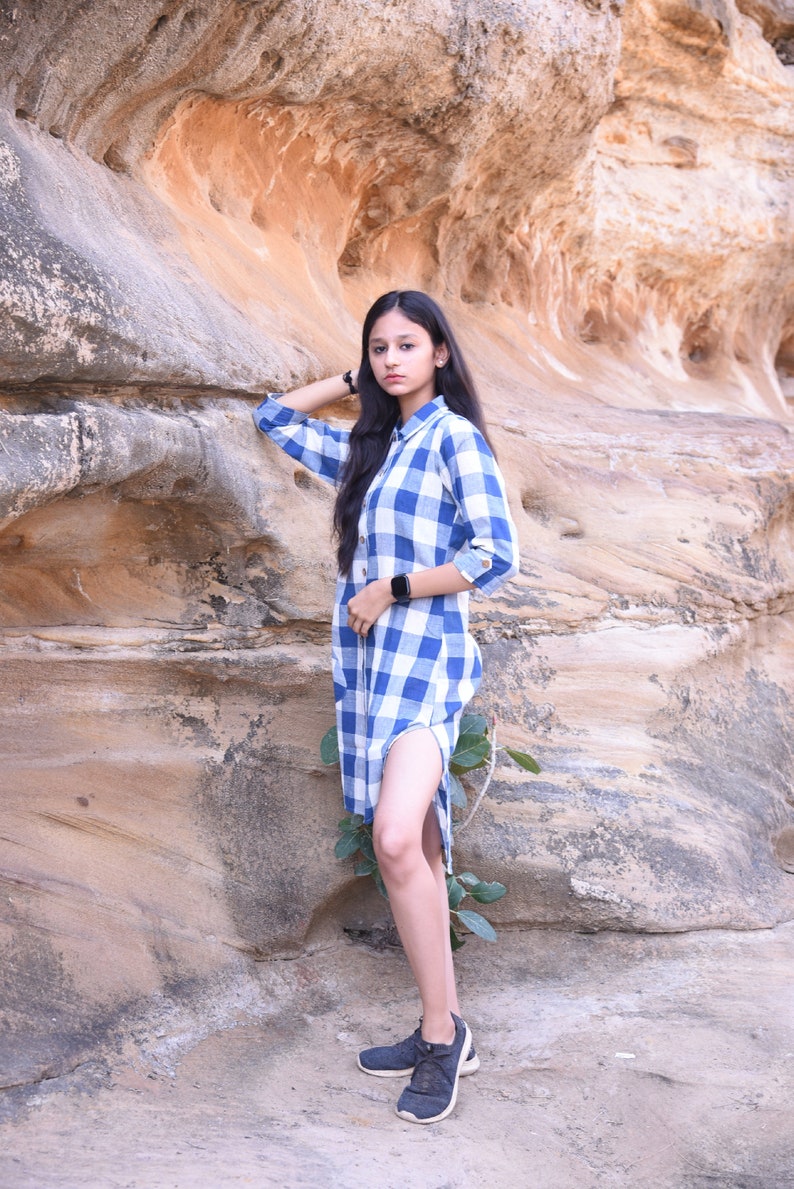 Organic Handmade and Handwoven Cotton Checked Shirt Dress with Coconut Buttons Versatile Comfort for Every Day image 5