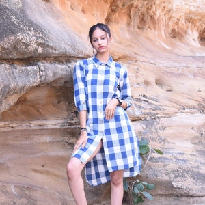 Organic Handmade and Handwoven Cotton Checked Shirt Dress with Coconut Buttons Versatile Comfort for Every Day Blue