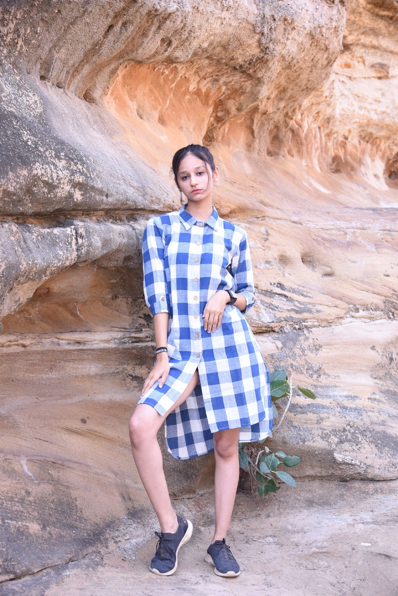 Organic Handmade and Handwoven Cotton Checked Shirt Dress with Coconut Buttons Versatile Comfort for Every Day Blue