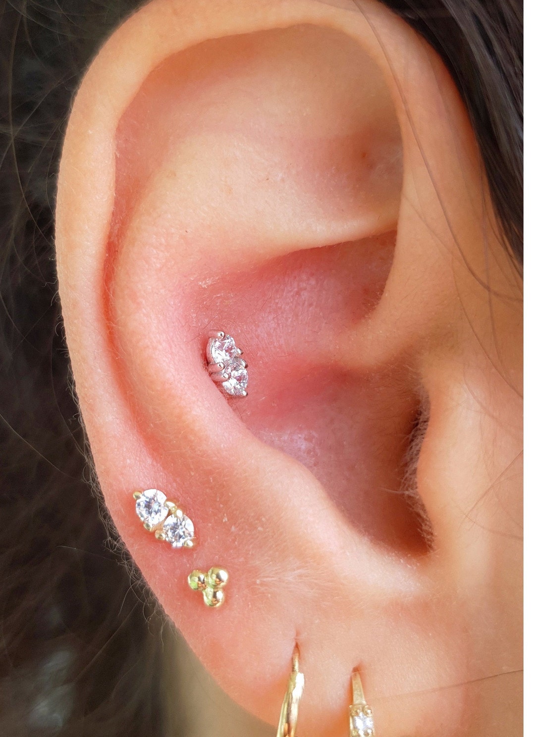 14k Solid Gold Labret 2 STONES Duet Reverse Screw Tragus Ear Etsy