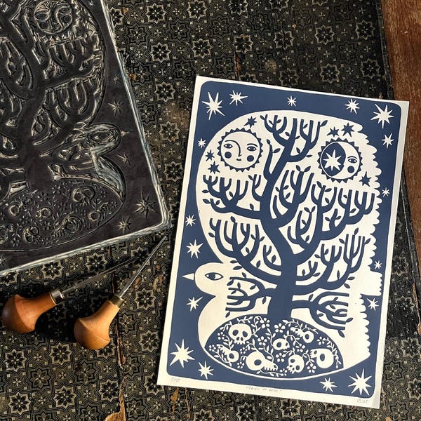 Original hand-printed linocut “Tree of Life”