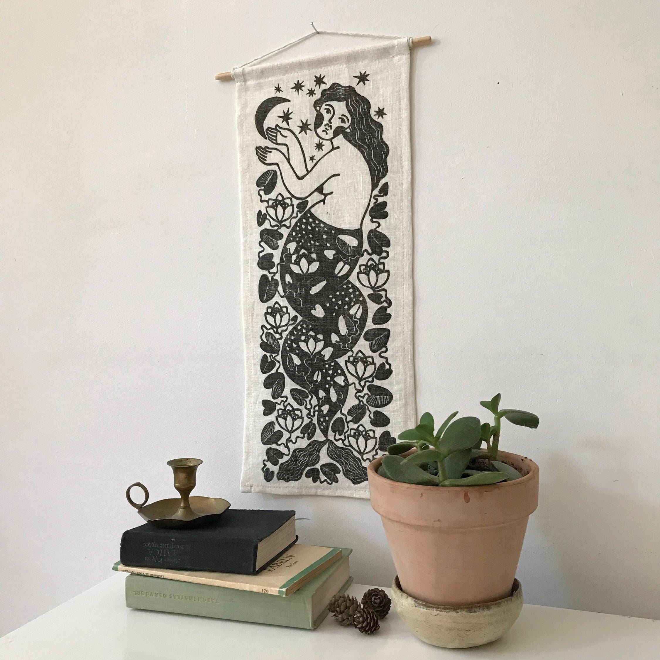 Mermaid and Moon | Fabric Wall Hanging | Linocut Print on Textile | Wall Art | Tapestry | Medieval art