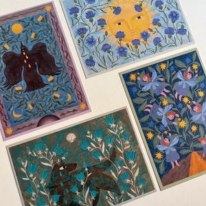 Postcard set. Fairytales and folk art. Gouache painting. Recycling paper