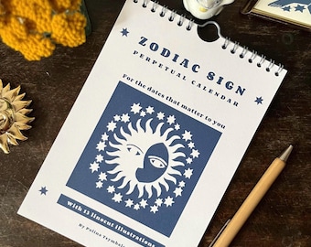 Zodiac sign perpetual calendar illustrated with linocuts