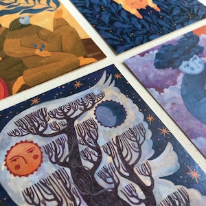 étoiles, oiseaux, arbre de vie, arc-en-ciel | Jeu de cartes postales | Impressions d'art | Art populaire | Mini-impressions d'art