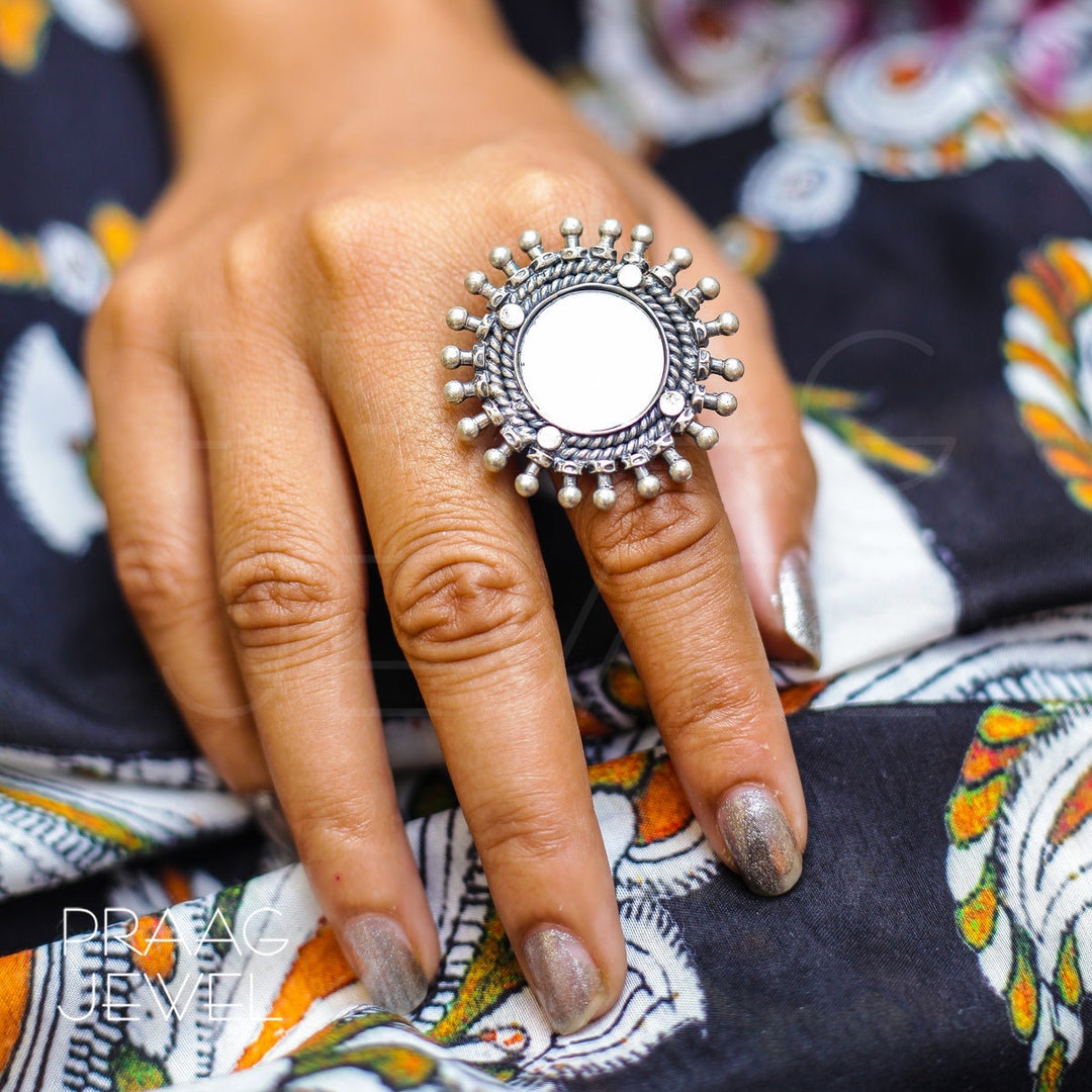 Oxidized 925 Sterling Silver Mirror Ring, Handmade Indian Jewelry