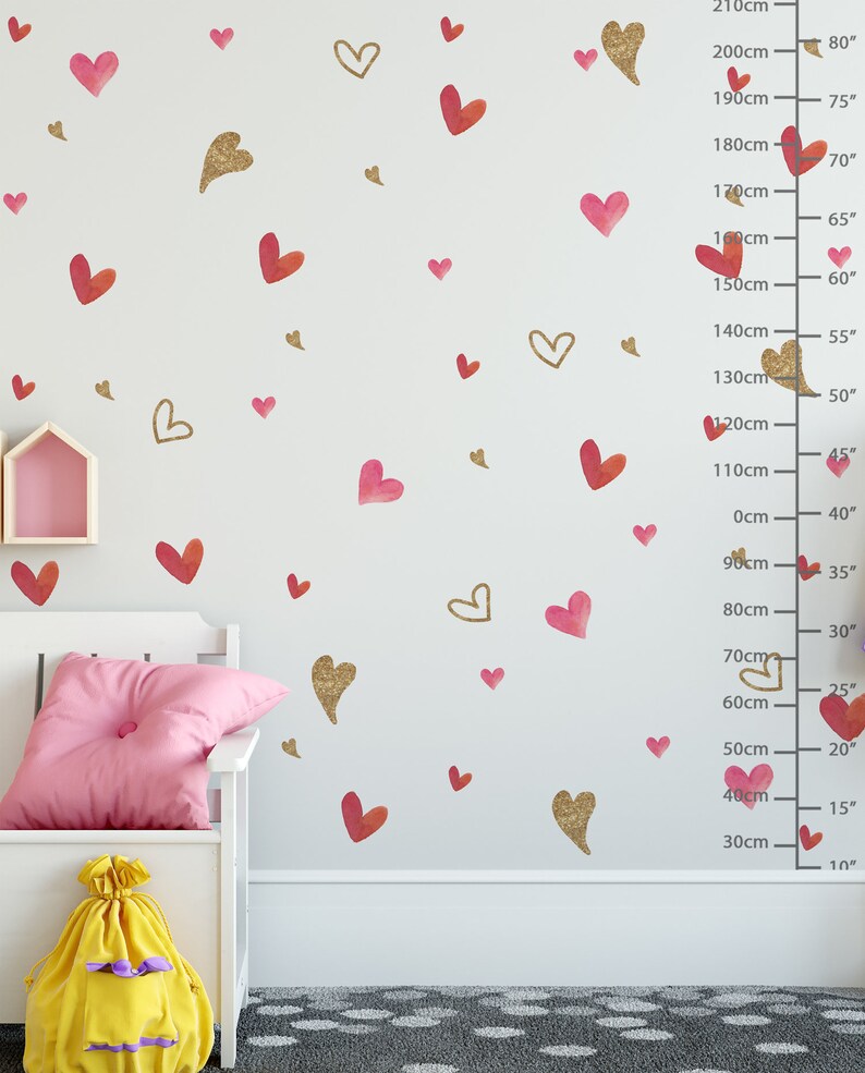 Watercolor Heart Wall Decal Gold Heart Wall Sticker Heart Pattern Removable Peel n Stick for Nursery Kids Room Childroom Girls Bedroom