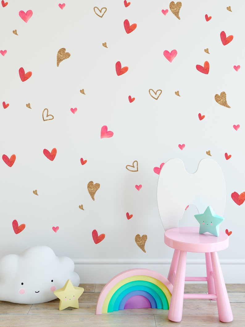 Watercolor Heart Wall Decal Gold Heart Wall Sticker Heart Pattern Removable Peel n Stick for Nursery Kids Room Childroom Girls Bedroom