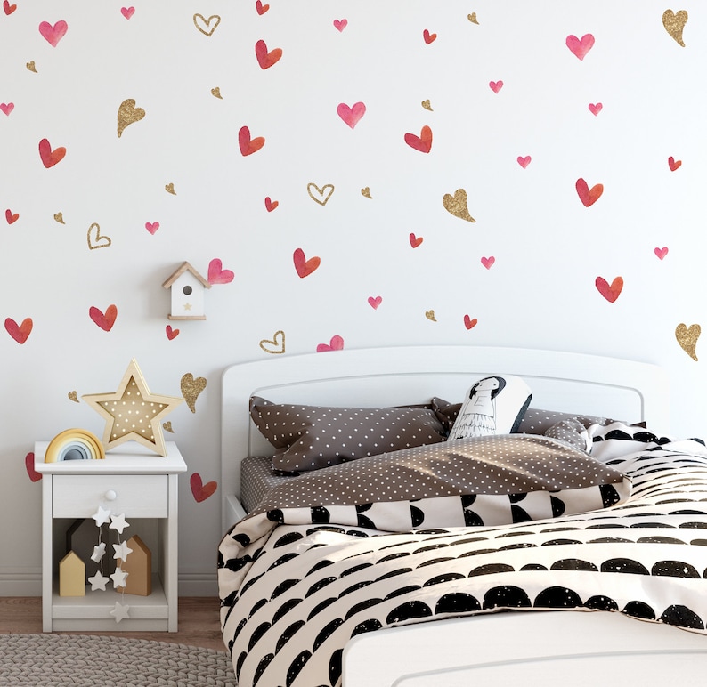 Watercolor Heart Wall Decal Gold Heart Wall Sticker Heart Pattern Removable Peel n Stick for Nursery Kids Room Childroom Girls Bedroom