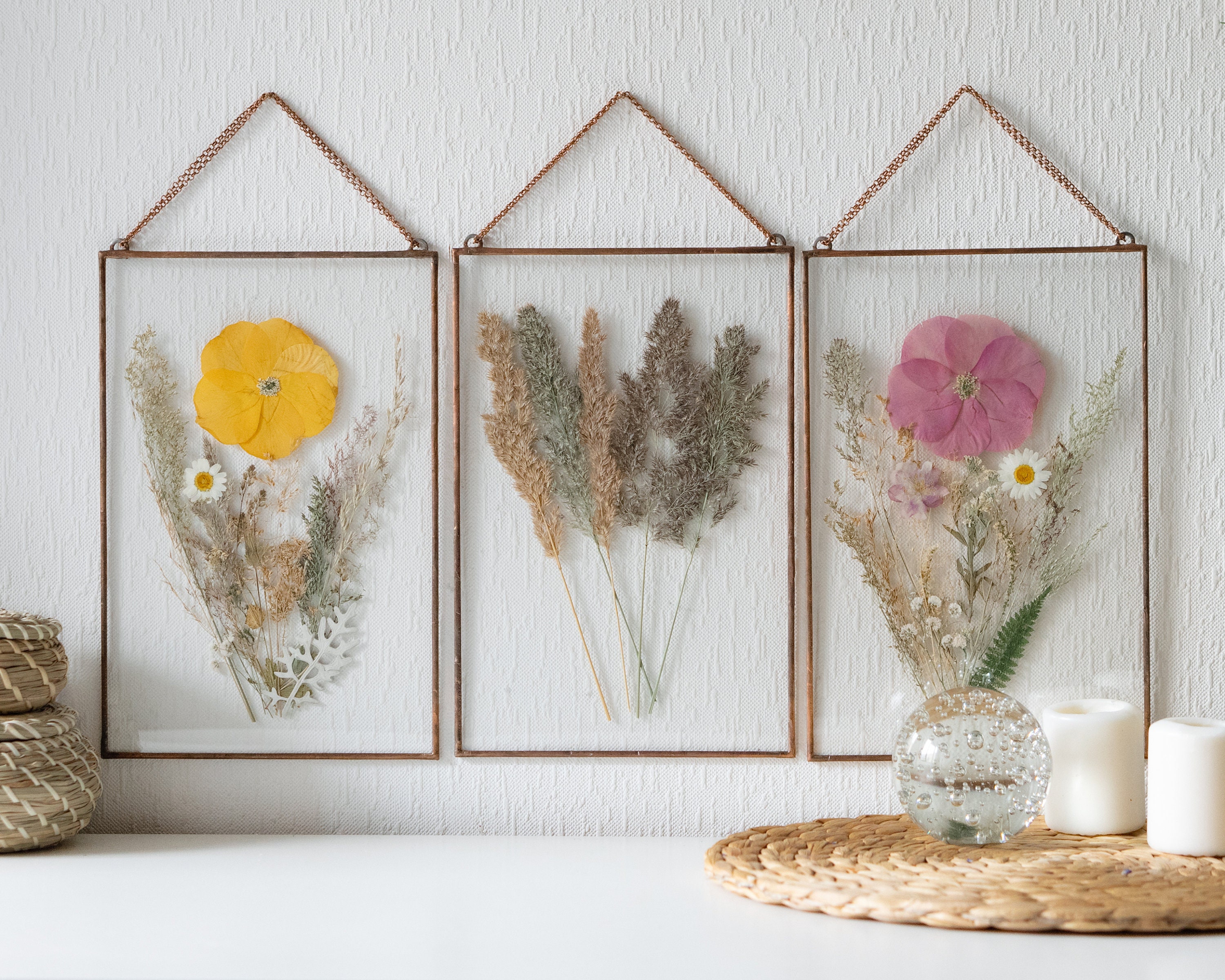 Framed wall art set of 3 pressed flower frame hanging floral Etsy