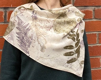 Silk green scarf with botanical pattern Botanical eco print gift for her women Ecoprint natural silk naturally printed leave scarf