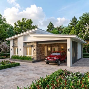 May include: A modern, single-story house with a red SUV parked in the carport. The house features a white and stone facade, with manicured landscaping and a paved driveway. The sky is blue with scattered clouds.