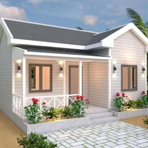 23 x 20 voet Tiny House plattegronden 7 x 6 meter één slaapkamer zadeldak volledig plan