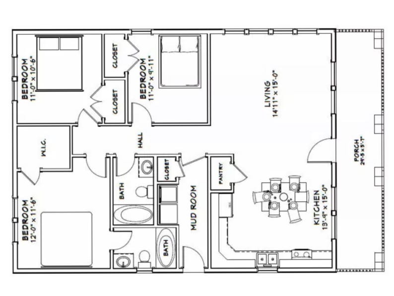 1200 Sq Ft House Plans, 3 Bedroom, 2 Bath (PDF) - Etsy