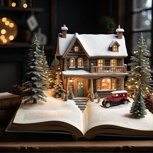 Holiday Log House on Open Book Digital Backdrop - Log Cabin - Opened Book - Rustic Christmas House - 12x8&quot; (3600x2400px) - 300ppi