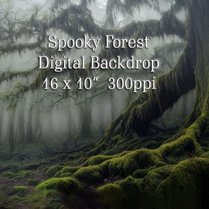 Spooky Forest Digital Backdrop - Mossy Tree - Foggy Gloomy Forest - For Composites