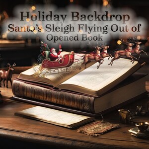 Holiday Backdrop of Santa&#39;s Sleigh Flying Out Of Opened Book - For Compositing - Holiday Backdrop - 16x9&quot; - 300ppi