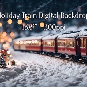 Holiday Digital Backdrop - Holiday Train - Snow - Polar Express - For Composites - Christmas Train - Miniature Village - 16x9&quot; - 300PPI
