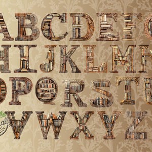 Pacchetto PNG di alfabeto per scaffali ornati / Lettere di libri vintage dalla A alla Z / Clipart letterarie uniche / Download digitale per amanti dei libri / Uso immediato