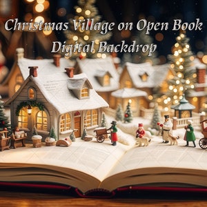 Christmas Village on Open Book Digital Backdrop -  - Christmas Trees - Background Bokeh - 16x9&quot; - 300ppi