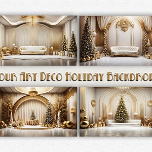 Art Deco Holiday Digital Backdrop Bundle - 4 Images - For Compositing - Christmas Backdrops - 16x9&quot; - 300ppi
