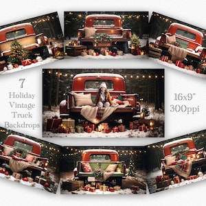 7 Holiday Vintage Trucks for Composites - Red Vintage Trucks - Holiday Composites - Christmas Digital Backdrops - Winter - 16x9&quot; 300ppi