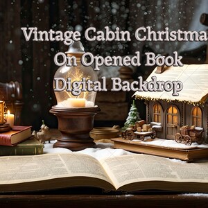 Vintage Cabin Christmas House on Opened Book Digital Backdrop - Rustic Christmas - For Compositing - Holiday Backdrop - 16x9&quot; - 300ppi