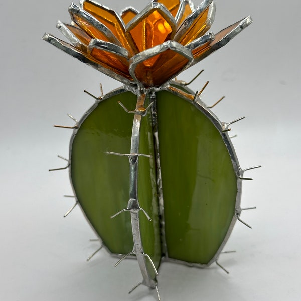 New Handmade Stained Glass Cactus with Orange Flower