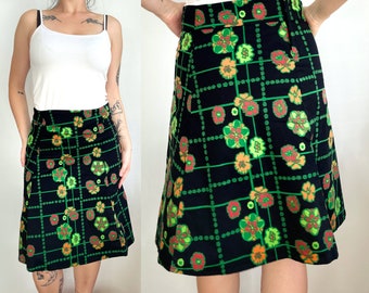 y2k Black Floral Print Midi Skirt Small | Vintage Black Green A Line Whimsigoth Secretary Skirt 00s