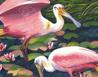 Roseate Spoonbills, matted giclée print of watercolor, New Orleans