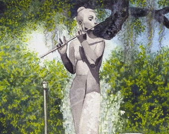 Flute Player, Botanical Gardens, City Park, matted giclée print of watercolor, New Orleans