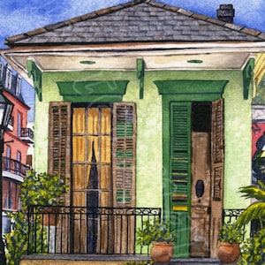 Green Shotgun house, giclée print of watercolor, New Orleans