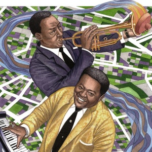 Fats Domino and Dave Bartholomew, LARGE matted giclée print of watercolor, New Orleans