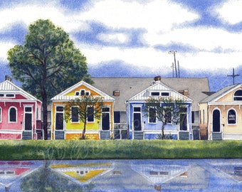 Houses on the Bayou, giclée print of watercolor, New Orleans